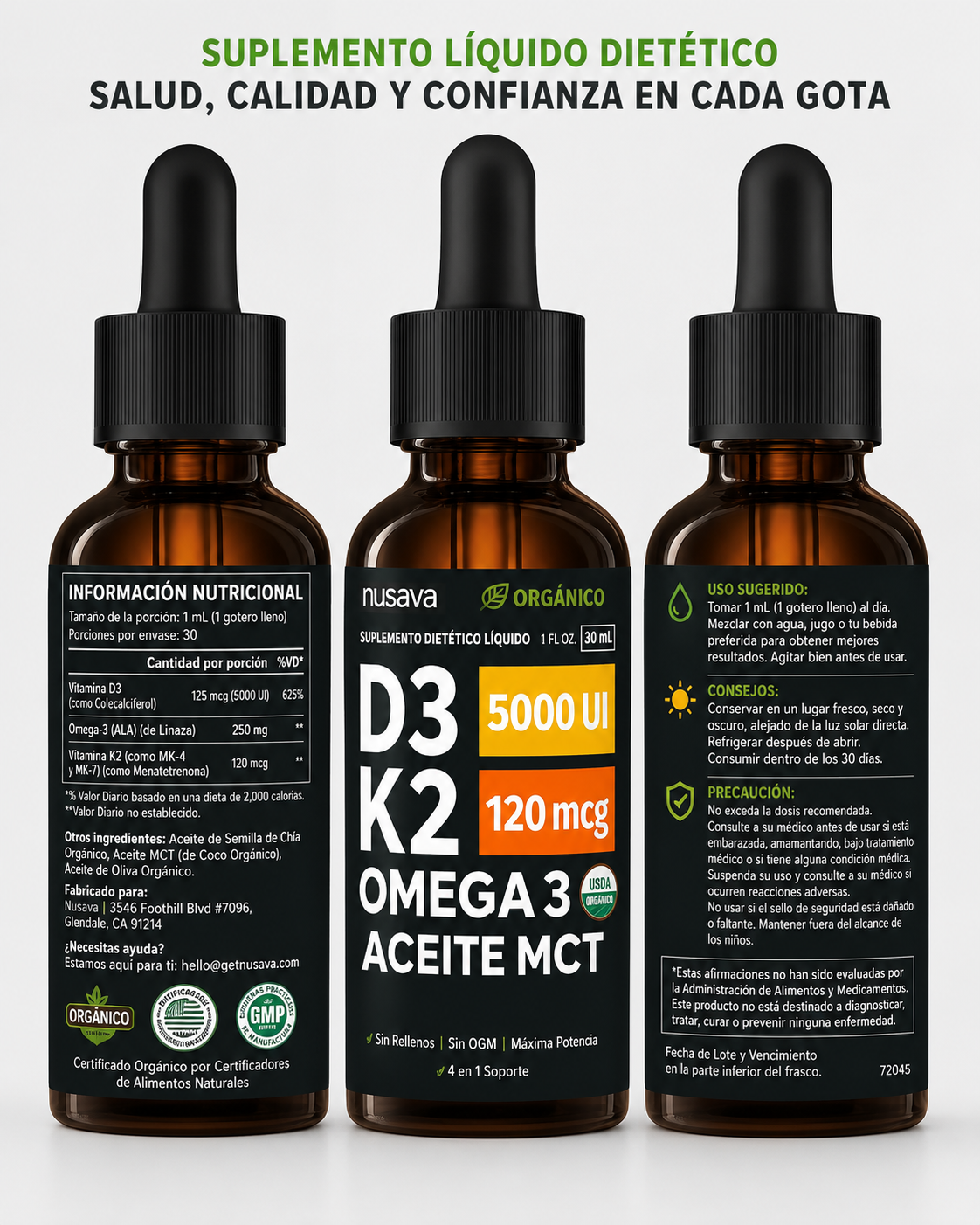Gotas de vitamina D3 K2 con aceite MCT y Omega 3 - Set de 2 frascos
